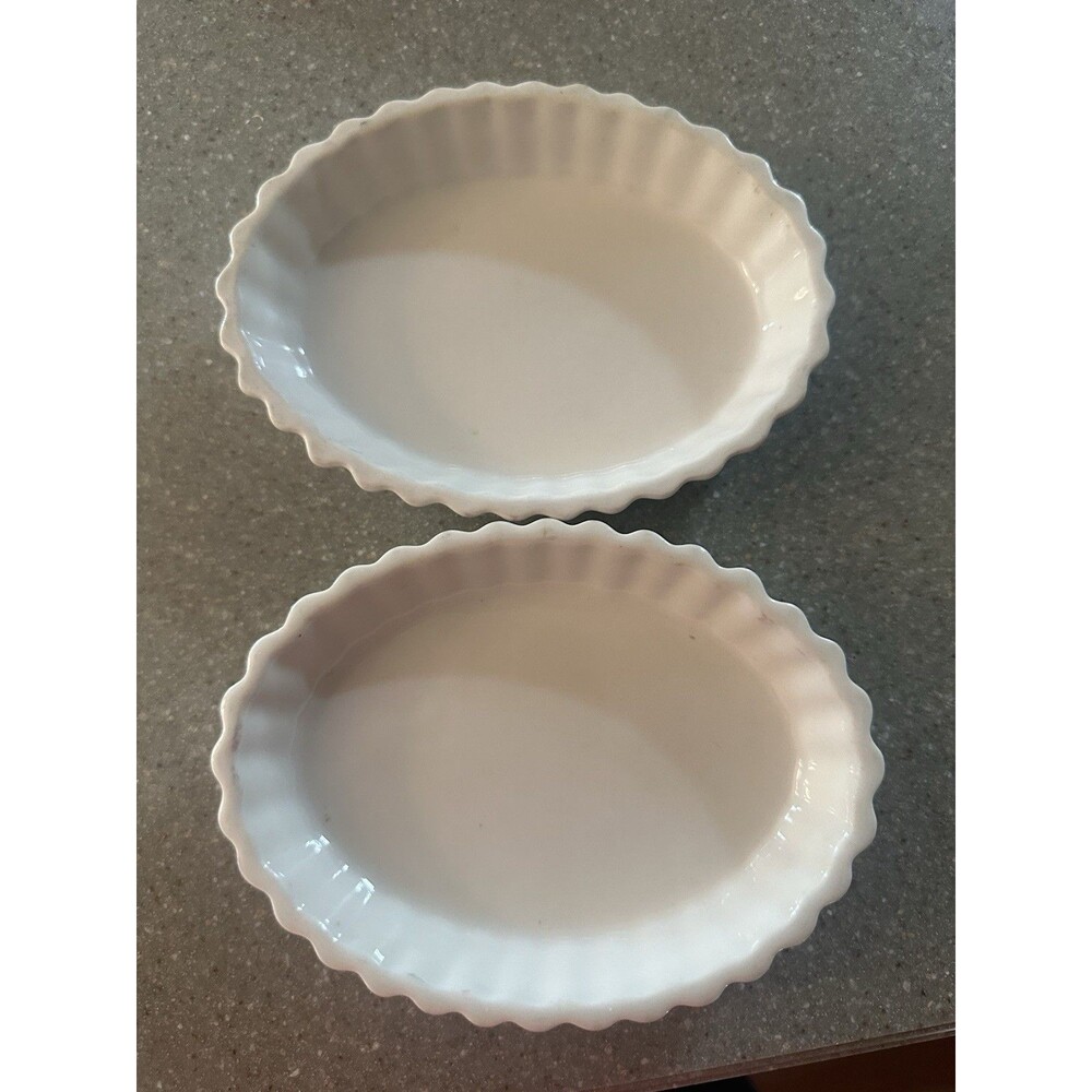 Hall China #853 2 Mini Oval Souffle Baking Dish Fluted Off White Creme Brulee